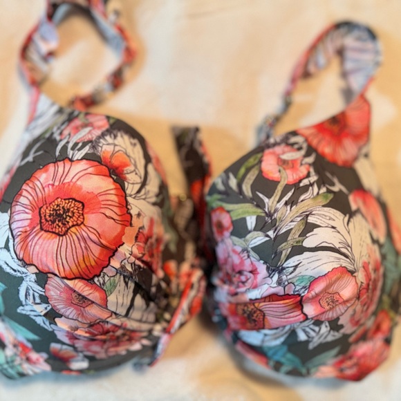 Pink and Green Floral Bikini with Ruched Straps - Picture 3 of 4